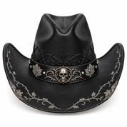 New silver skull-and-thorn Halloween leather cowboy hat, front