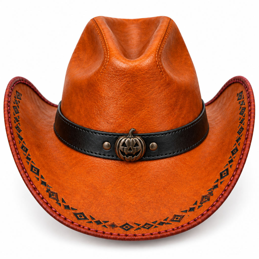 Orange cowboy hat, leather and buckle detail
