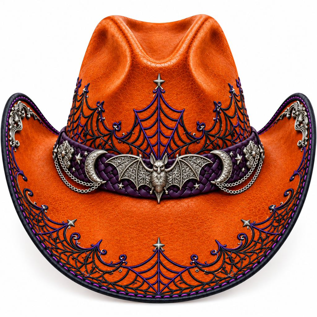 Orange Halloween hat, silver hardware and embroidery detail