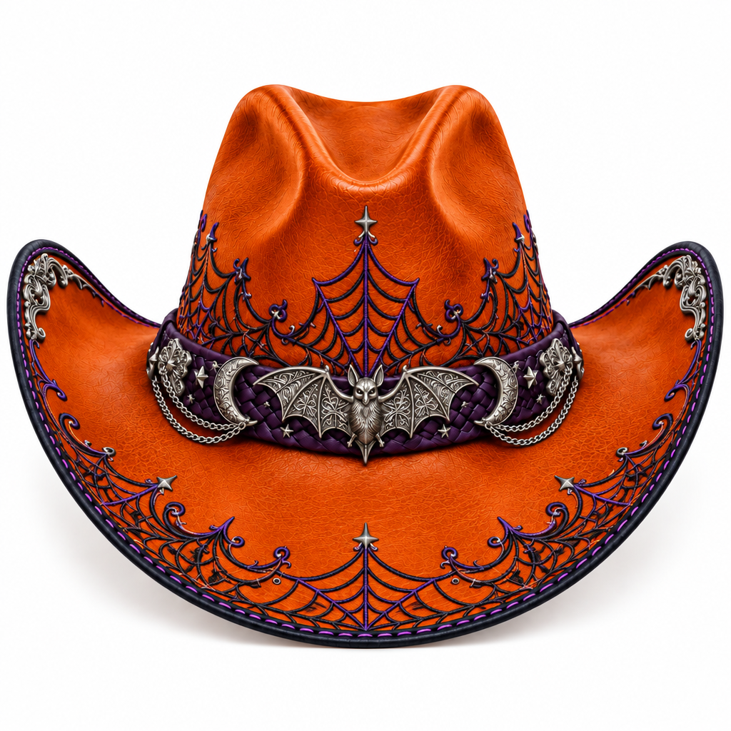 Ornate orange Halloween leather cowboy hat, front