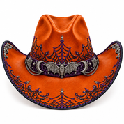 Ornate orange Halloween leather cowboy hat, front