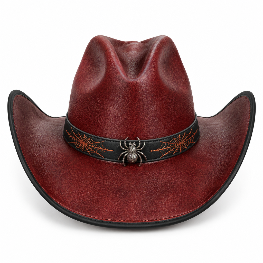 Oxblood-red Halloween leather cowboy hat, front