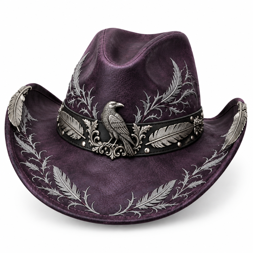 Plum raven cowboy hat, front-left angle