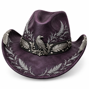 Plum raven cowboy hat, front-left angle