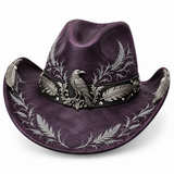 Plum Silver Raven Halloween Leather Cowboy Hat | BFL