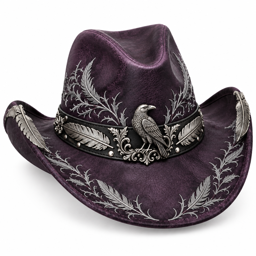 Plum raven cowboy hat, front-right angle