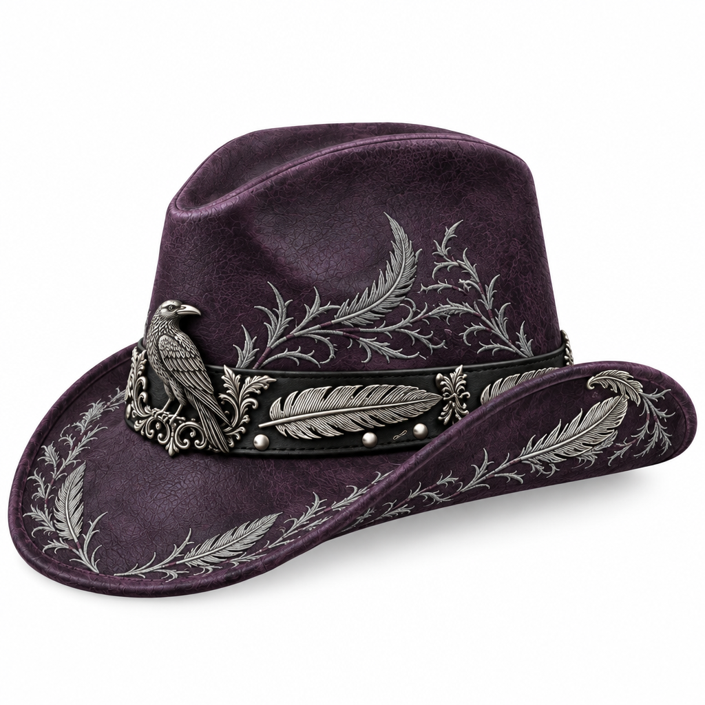 Plum raven cowboy hat, side profile