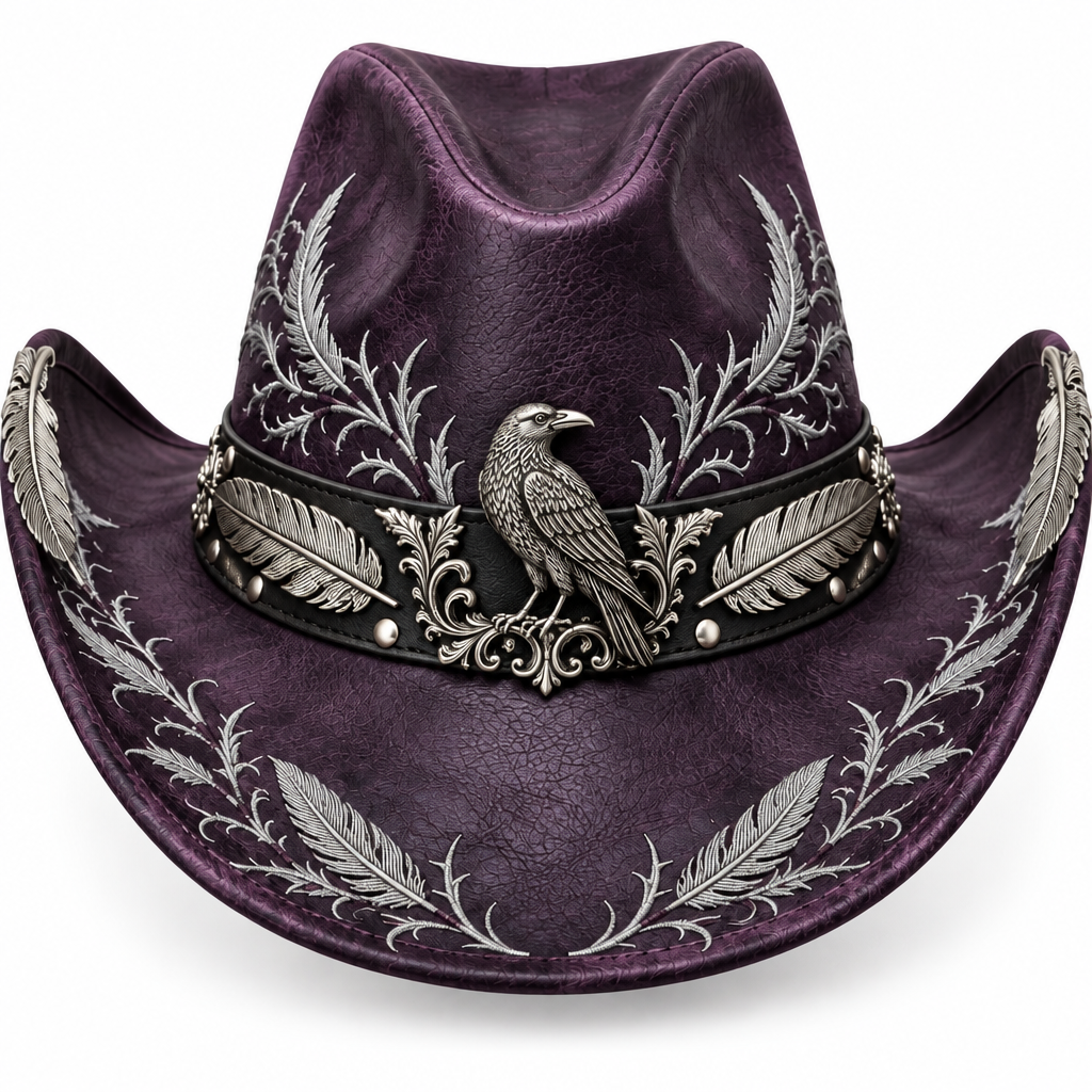 Plum raven cowboy hat, silver engraving detail