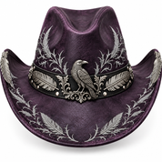 Plum raven cowboy hat, silver engraving detail