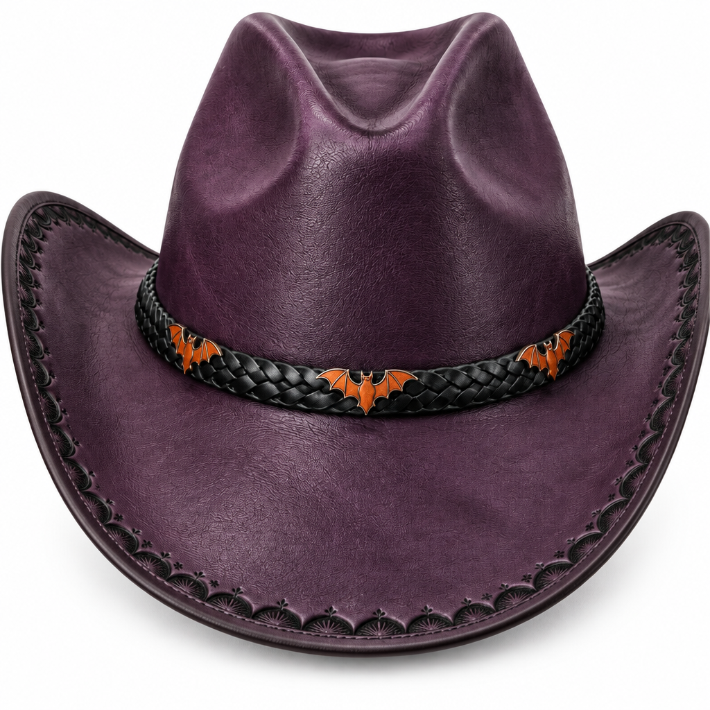 Purple cowboy hat, band and leather detail