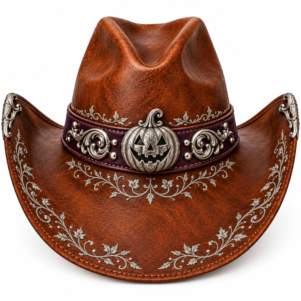 Silver pumpkin cowboy hat, engraved hardware detail