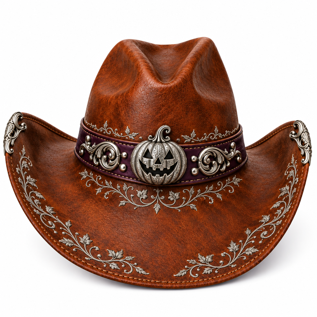 Silver pumpkin cowboy hat, front-right angle