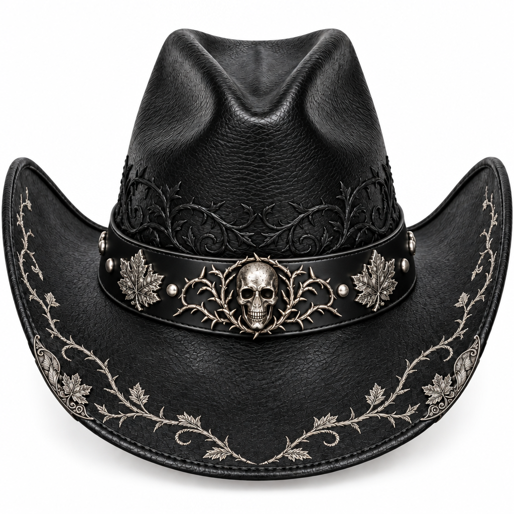 Silver skull cowboy hat, engraved hardware detail