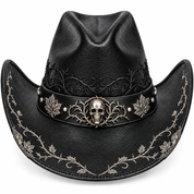 Silver skull cowboy hat, engraved hardware detail