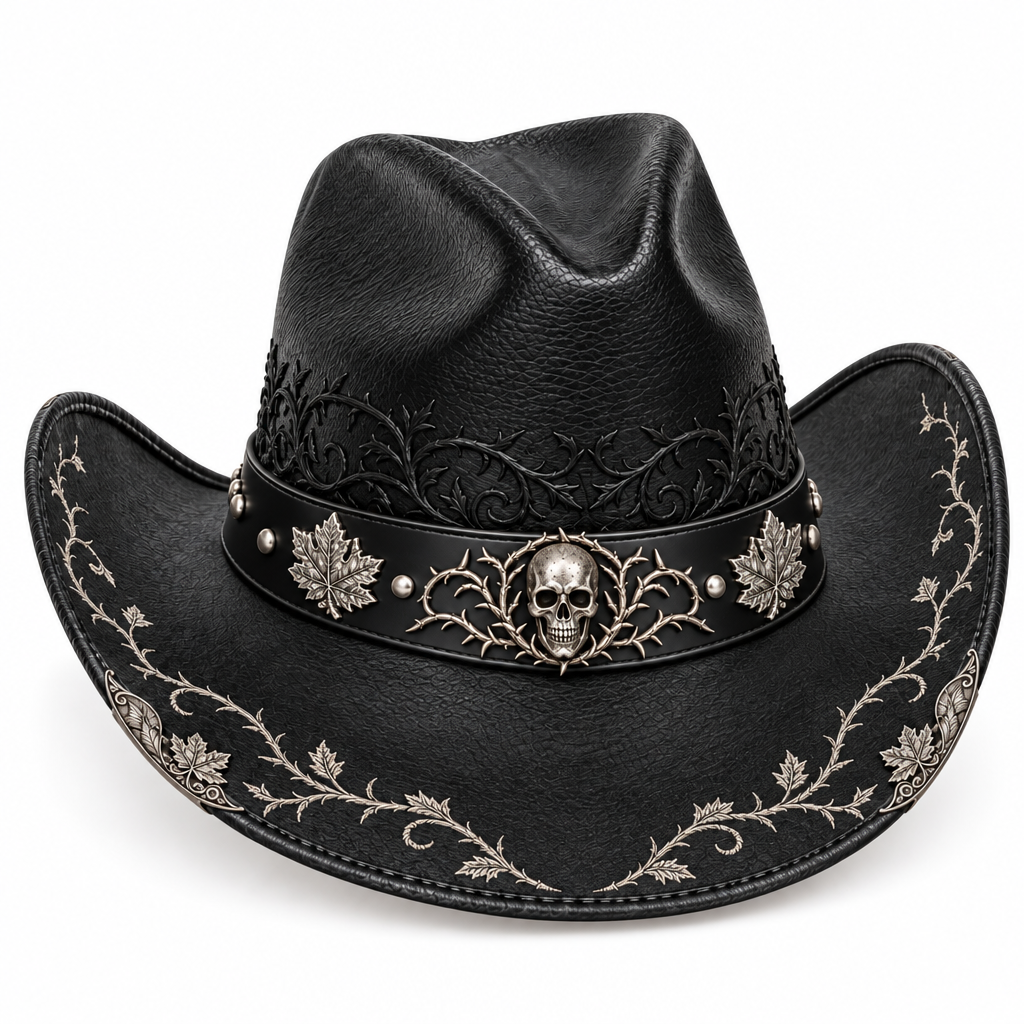 Silver skull cowboy hat, front-left angle
