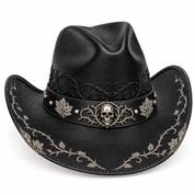 Silver skull cowboy hat, front-left angle