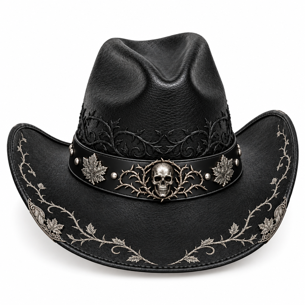 Silver skull cowboy hat, front-right angle