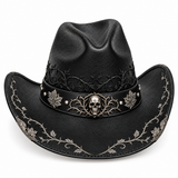Black Silver Skull Halloween Leather Cowboy Hat | BFL