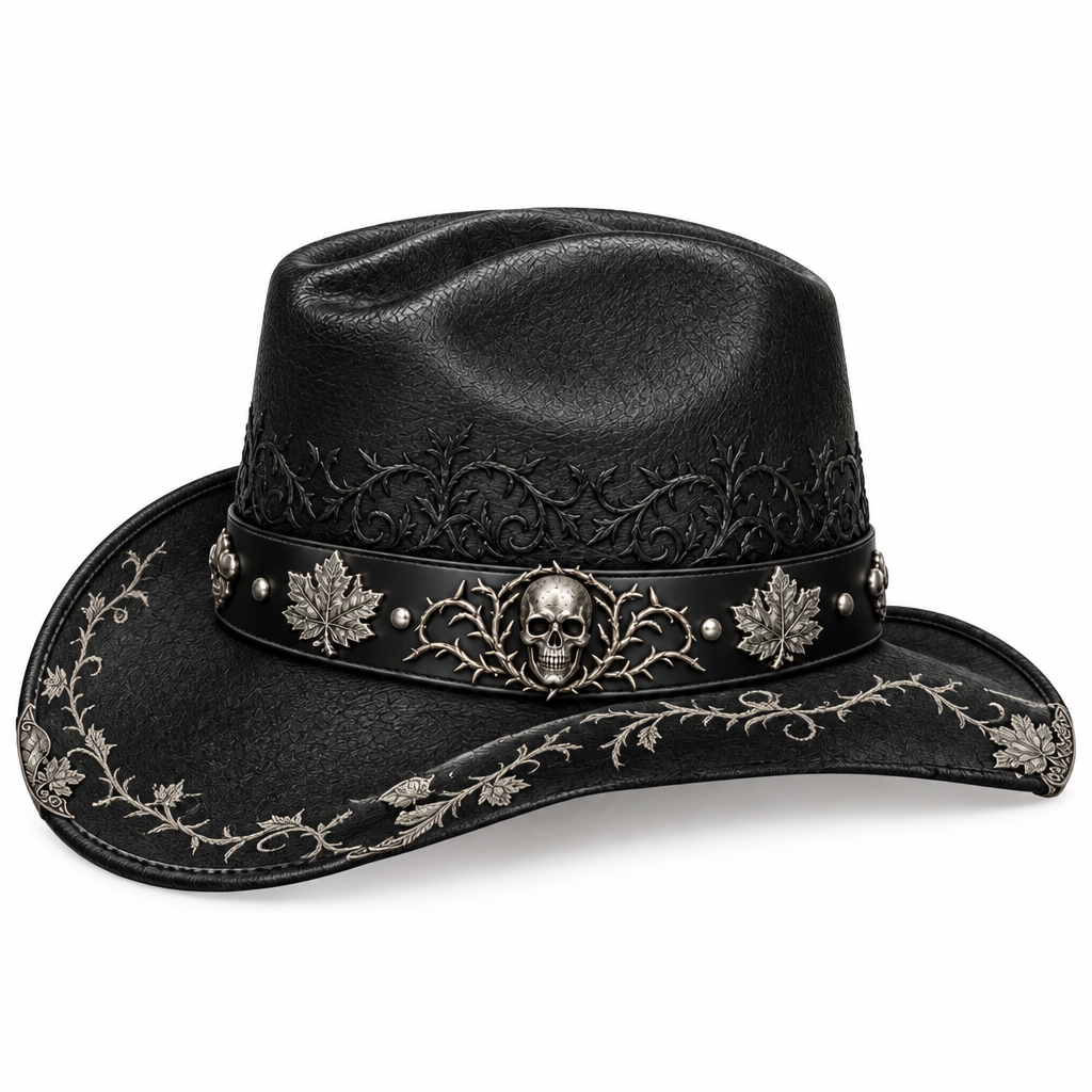 Silver skull cowboy hat, side profile