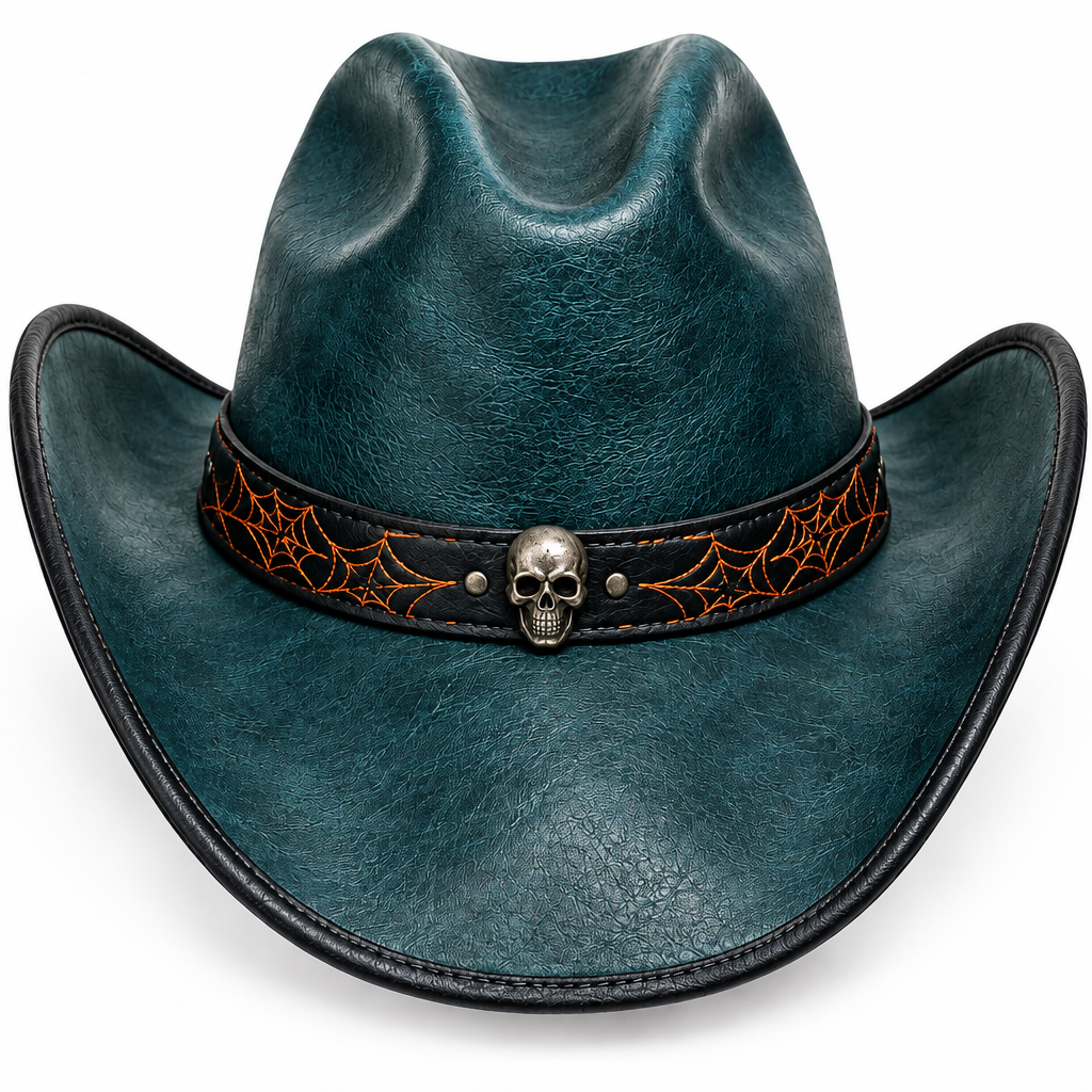 Teal cowboy hat, band and skull detail