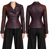 Women’s Burgundy Spiderweb Leather Jacket | Halloween Biker Jacket